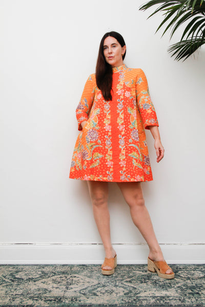 Vintage 1970s Cotton Mini Dress, Orange Floral Mod A-Line Dress