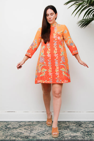 Vintage 1970s Cotton Mini Dress, Orange Floral Mod A-Line Dress
