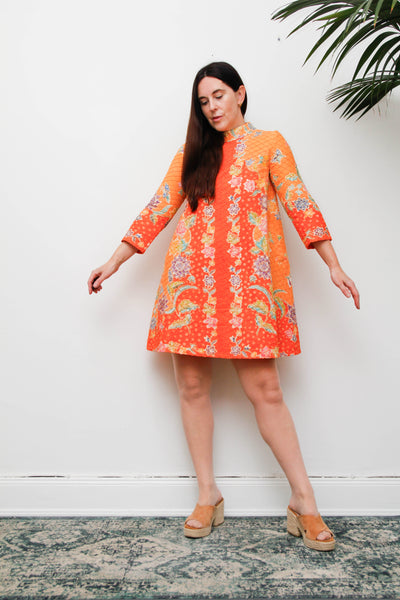 Vintage 1970s Cotton Mini Dress, Orange Floral Mod A-Line Dress