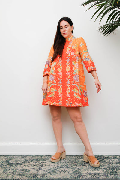 Vintage 1970s Cotton Mini Dress, Orange Floral Mod A-Line Dress