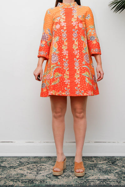 Vintage 1970s Cotton Mini Dress, Orange Floral Mod A-Line Dress