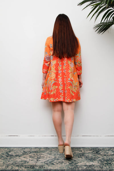 Vintage 1970s Cotton Mini Dress, Orange Floral Mod A-Line Dress