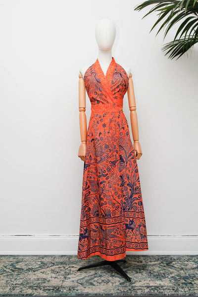Vintage Batik Cotton Halter Dress, Orange Folklore Bohemian Maxi