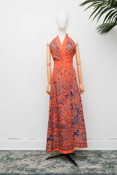 Vintage Batik Cotton Halter Dress, Orange Folklore Bohemian Maxi