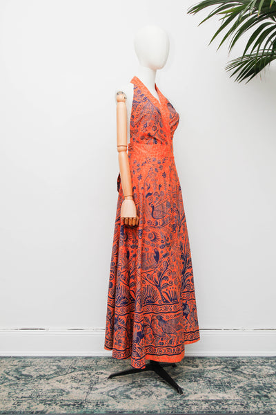 Vintage Batik Cotton Halter Dress, Orange Folklore Bohemian Maxi
