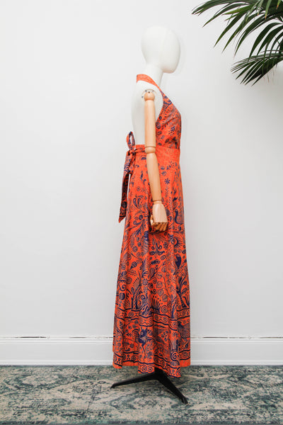 Vintage Batik Cotton Halter Dress, Orange Folklore Bohemian Maxi