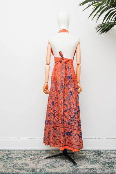 Vintage Batik Cotton Halter Dress, Orange Folklore Bohemian Maxi