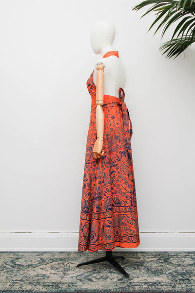 Vintage Batik Cotton Halter Dress, Orange Folklore Bohemian Maxi