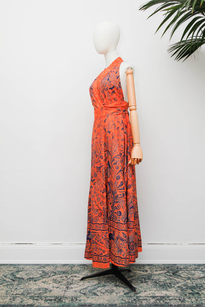 Vintage Batik Cotton Halter Dress, Orange Folklore Bohemian Maxi