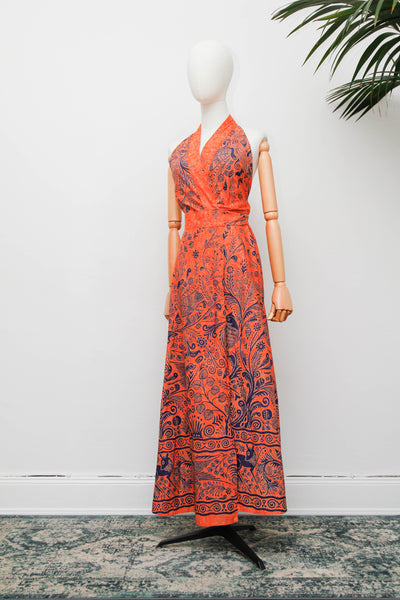 Vintage Batik Cotton Halter Dress, Orange Folklore Bohemian Maxi
