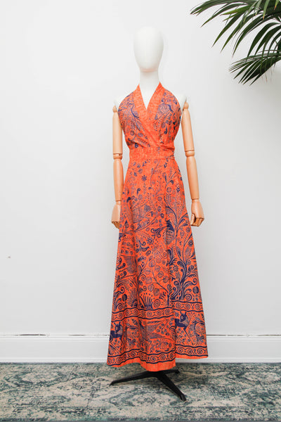 Vintage Batik Cotton Halter Dress, Orange Folklore Bohemian Maxi