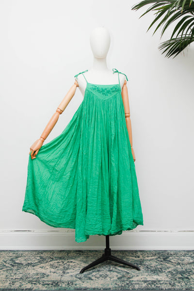 Vintage 1970s Indian Gauze Dress, Green Cotton Bohemian Smock Maxi