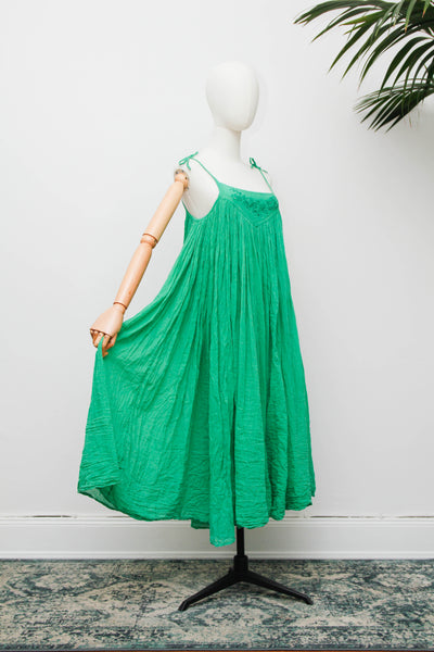 Vintage 1970s Indian Gauze Dress, Green Cotton Bohemian Smock Maxi