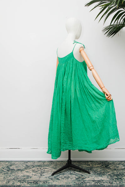 Vintage 1970s Indian Gauze Dress, Green Cotton Bohemian Smock Maxi