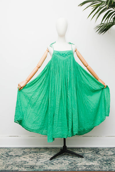 Vintage 1970s Indian Gauze Dress, Green Cotton Bohemian Smock Maxi