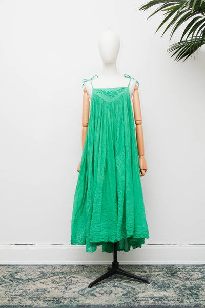 Vintage 1970s Indian Gauze Dress, Green Cotton Bohemian Smock Maxi