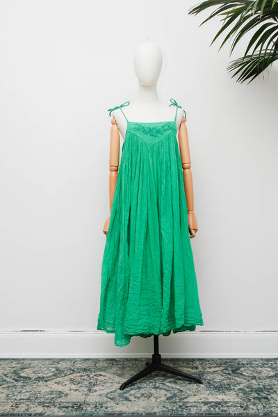 Vintage 1970s Indian Gauze Dress, Green Cotton Bohemian Smock Maxi