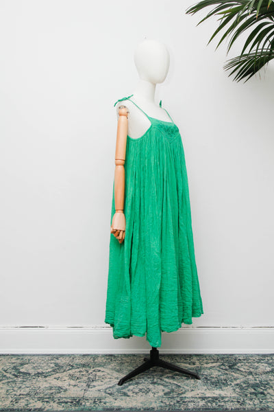 Vintage 1970s Indian Gauze Dress, Green Cotton Bohemian Smock Maxi