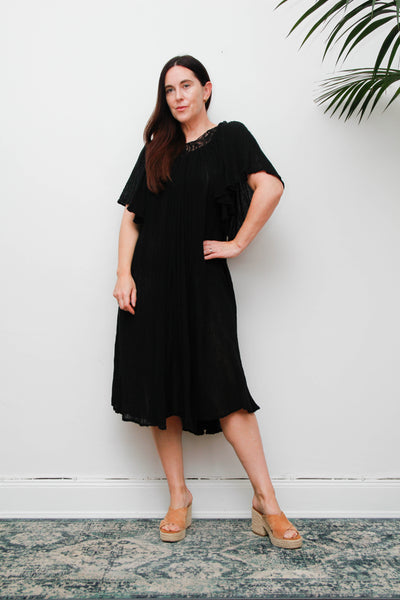 Vintage Black Cheesecloth Kaftan Dress, Grecian Cotton Bohemian Smock