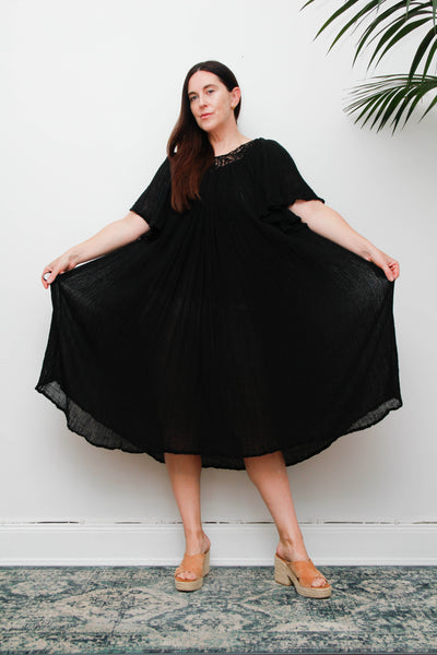 Vintage Black Cheesecloth Kaftan Dress, Grecian Cotton Bohemian Smock
