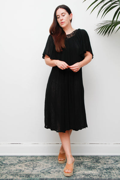 Vintage Black Cheesecloth Kaftan Dress, Grecian Cotton Bohemian Smock