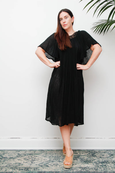 Vintage Black Cheesecloth Kaftan Dress, Grecian Cotton Bohemian Smock