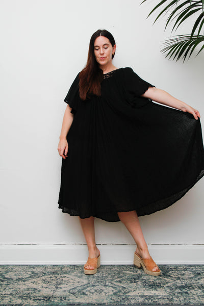 Vintage Black Cheesecloth Kaftan Dress, Grecian Cotton Bohemian Smock
