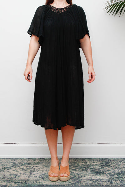 Vintage Black Cheesecloth Kaftan Dress, Grecian Cotton Bohemian Smock