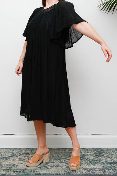 Vintage Black Cheesecloth Kaftan Dress, Grecian Cotton Bohemian Smock