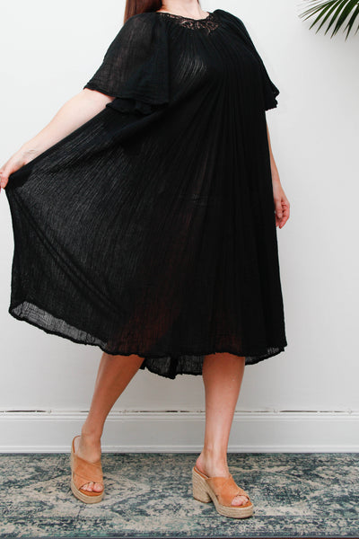 Vintage Black Cheesecloth Kaftan Dress, Grecian Cotton Bohemian Smock