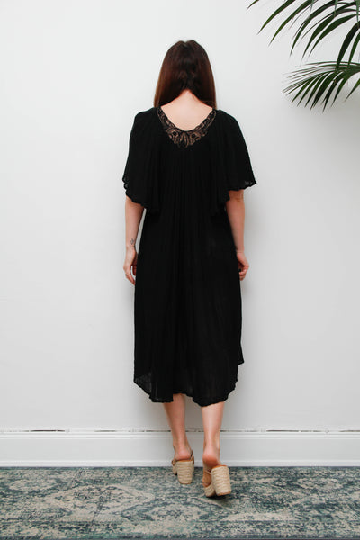 Vintage Black Cheesecloth Kaftan Dress, Grecian Cotton Bohemian Smock