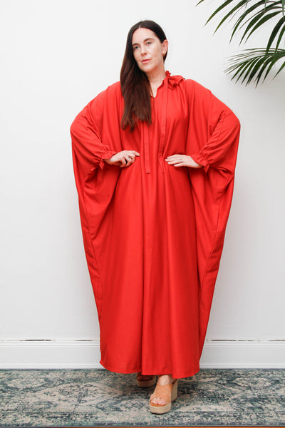 Vintage Gothic Bohemian Kaftan Dress, Red Orange Cape Sleeve Maxi