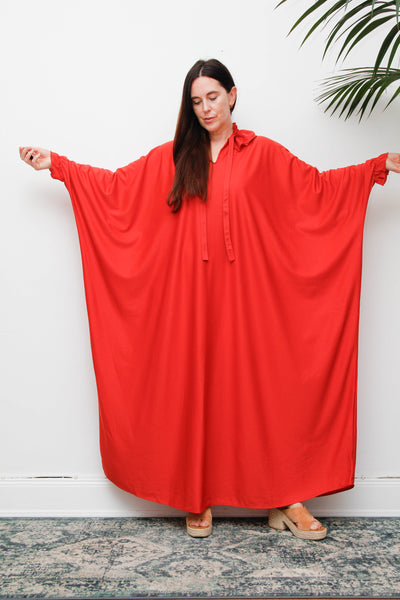 Vintage Gothic Bohemian Kaftan Dress, Red Orange Cape Sleeve Maxi