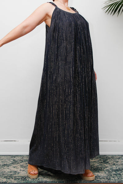 Vintage Black Cheesecloth Maxi Dress, Grecian Bohemian Cotton Kaftan