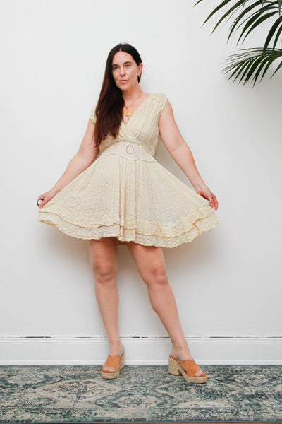 Vintage Cotton Grecian Mini Dress, Beige Bohemian Gauze Summer Dress