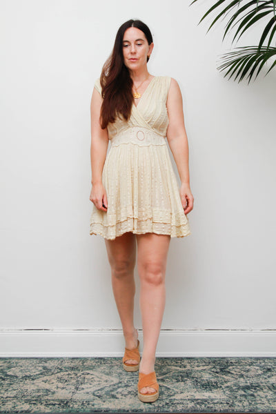 Vintage Cotton Grecian Mini Dress, Beige Bohemian Gauze Summer Dress
