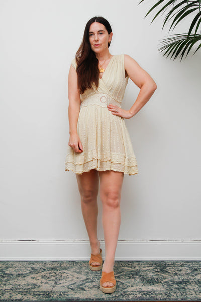 Vintage Cotton Grecian Mini Dress, Beige Bohemian Gauze Summer Dress