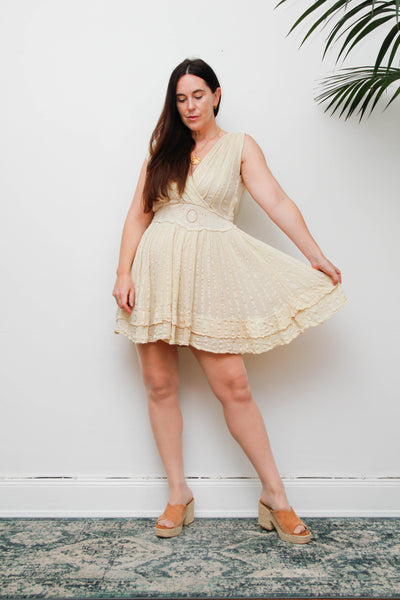 Vintage Cotton Grecian Mini Dress, Beige Bohemian Gauze Summer Dress