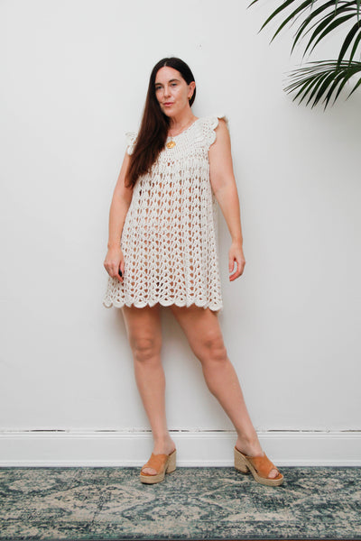 Rare 1960s Hand Knitted White Wool Crochet Mini Dress