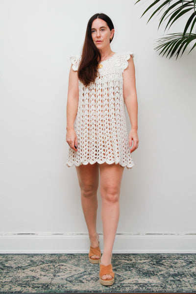 Rare 1960s Hand Knitted White Wool Crochet Mini Dress