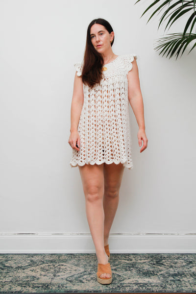 Rare 1960s Hand Knitted White Wool Crochet Mini Dress