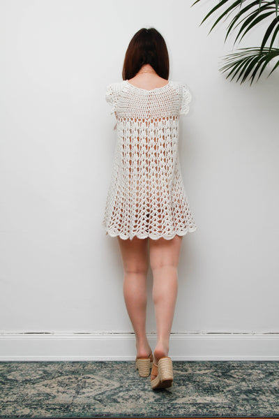 Rare 1960s Hand Knitted White Wool Crochet Mini Dress