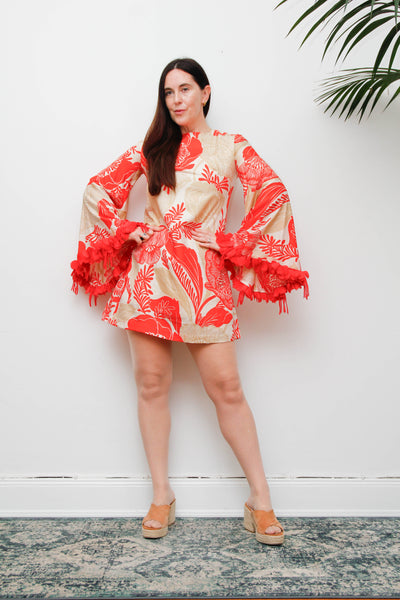 Vintage 1970s Floral Mini Dress, Feather Trim Statement Sleeve Dress