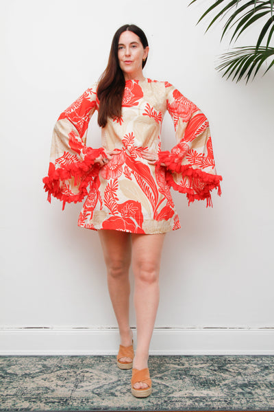 Vintage 1970s Floral Mini Dress, Feather Trim Statement Sleeve Dress