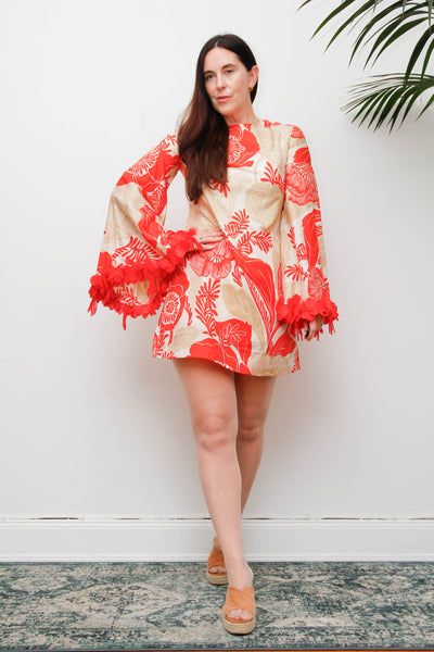 Vintage 1970s Floral Mini Dress, Feather Trim Statement Sleeve Dress