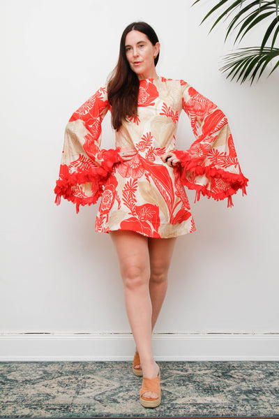 Vintage 1970s Floral Mini Dress, Feather Trim Statement Sleeve Dress