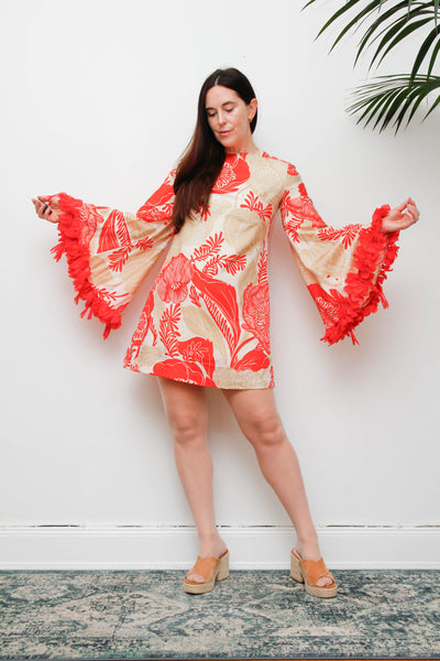 Vintage 1970s Floral Mini Dress, Feather Trim Statement Sleeve Dress