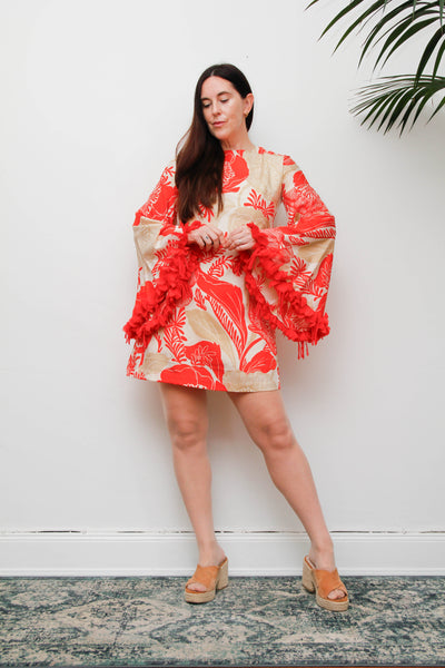 Vintage 1970s Floral Mini Dress, Feather Trim Statement Sleeve Dress