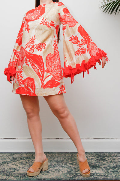 Vintage 1970s Floral Mini Dress, Feather Trim Statement Sleeve Dress