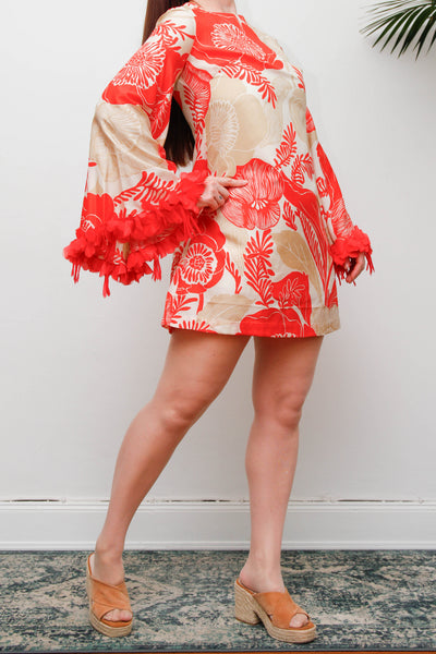 Vintage 1970s Floral Mini Dress, Feather Trim Statement Sleeve Dress